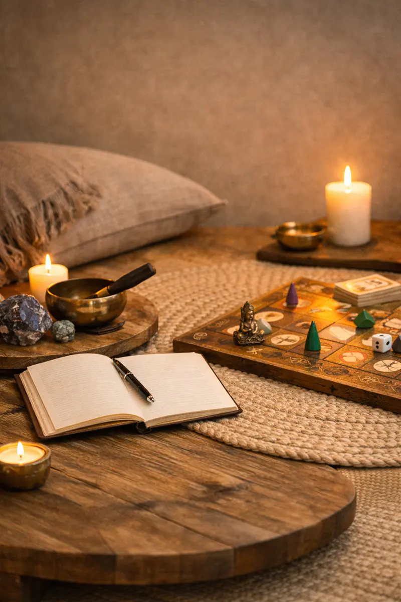 Cozy coaching and self-discovery space at Therapy by Titov in Riga, with Darja Titova’s Lila board, notebook, candles and sound bowl prepared for a 60–90 minute coaching session focused on your inner state.