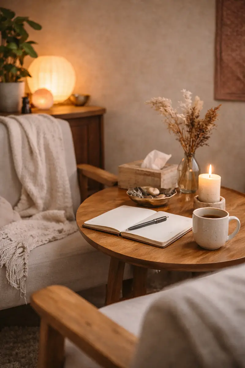 Cozy coaching room at Therapy by Titov in Riga prepared for an 80–90 minute individual session with coach Aleksejs Titovs, with a notebook, candle and cup of tea on a wooden table.