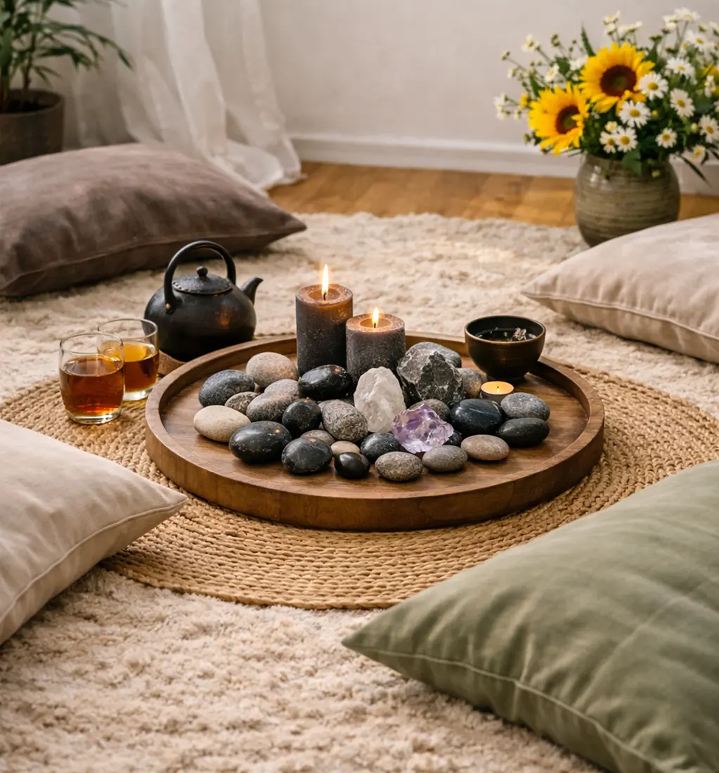 Cozy circle space at Therapy by Titov for facilitated meetings with Aleksejs Titovs, with floor cushions around a tray of stones and candles, tea and flowers ready for a themed practice.