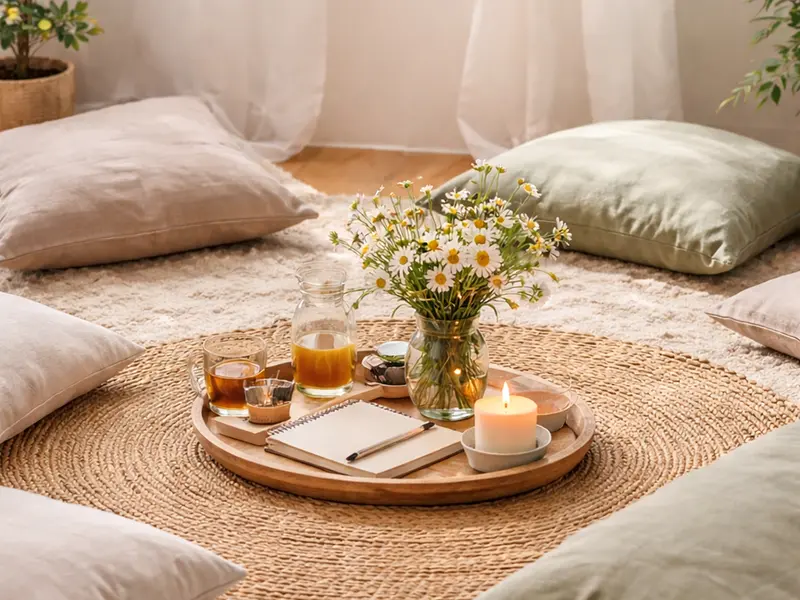 Cozy group circle at Therapy by Titov arranged by Darja Titova, with floor cushions around a woven rug, flowers, tea and a candle ready for a facilitated meeting.