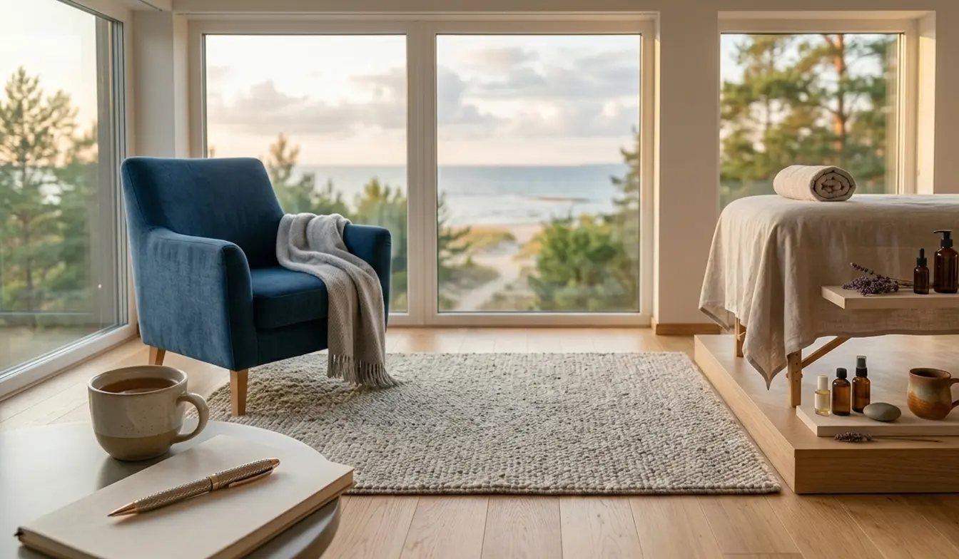 Therapy by Titov masāžas telpa ar zilu krēslu, jūras skatu caur lieliem logiem un masāžas galdu ar eļļām.