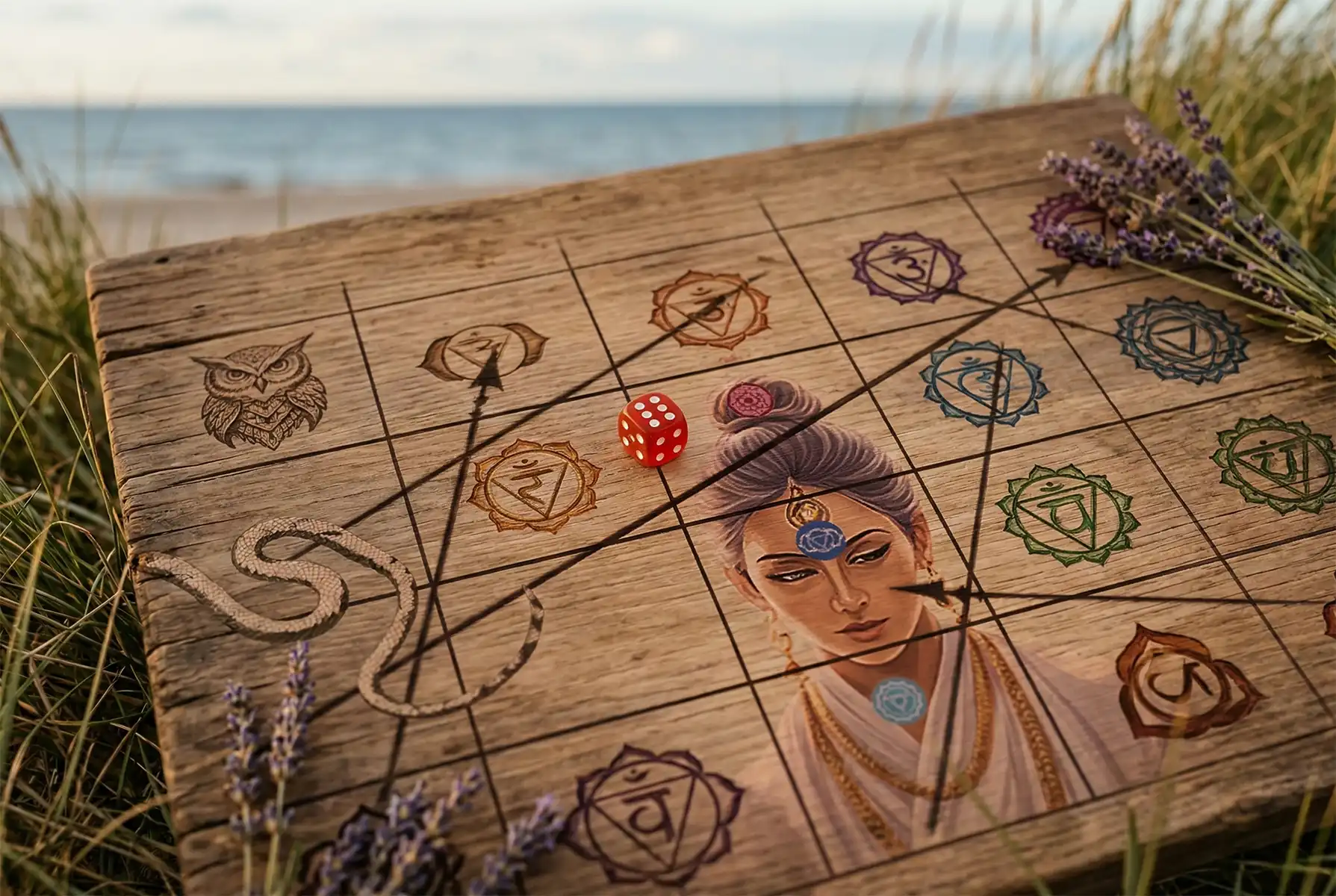 Деревянное поле трансформационной игры «Лила» с символами и кубиком у моря, которое Дарья использует на сессиях в Therapy by Titov.