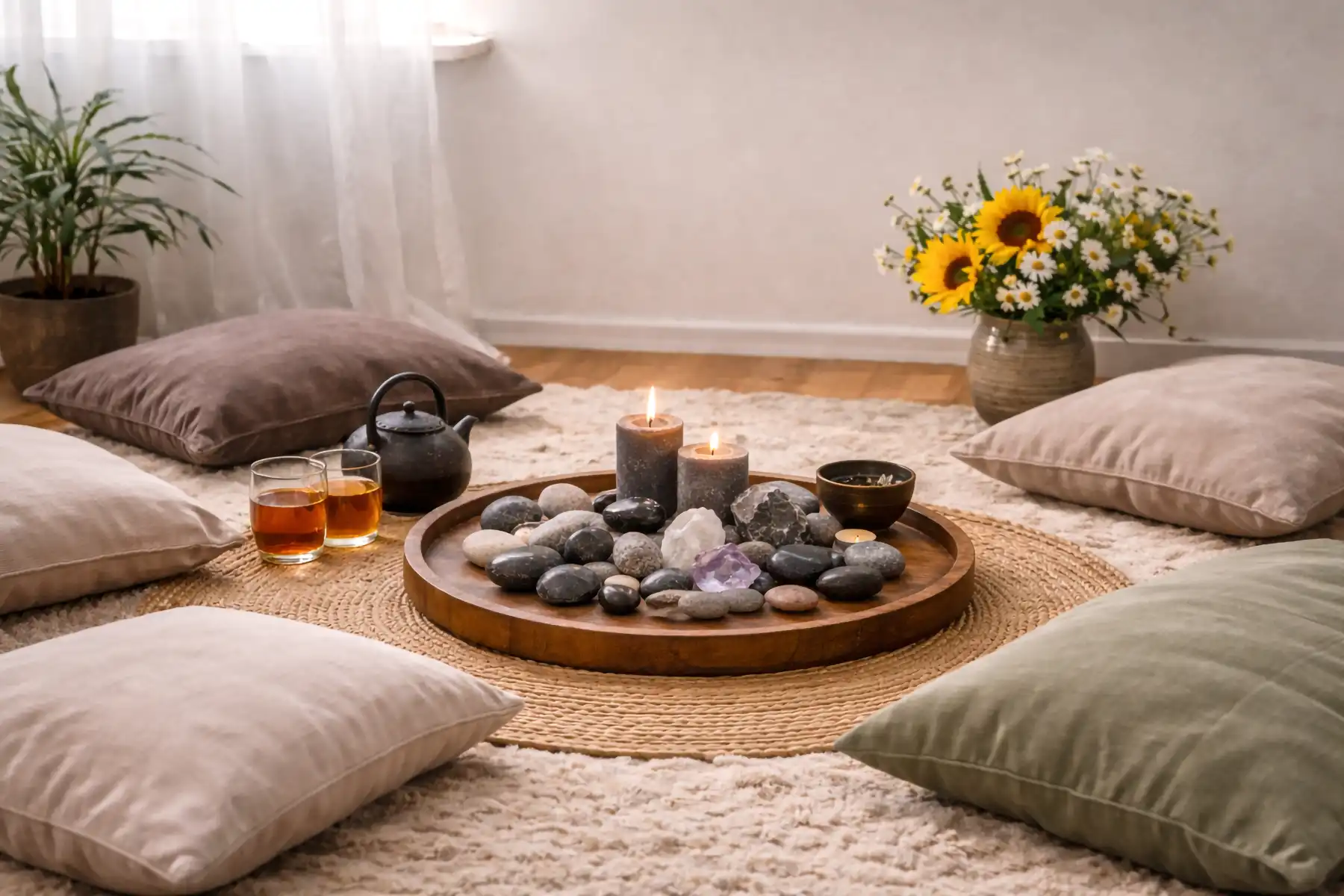 Уютное пространство для записи на сессии в Therapy by Titov в Риге, подушки на полу вокруг подноса с камнями и свечами, чай и свежие цветы создают спокойную атмосферу для предстоящих встреч.