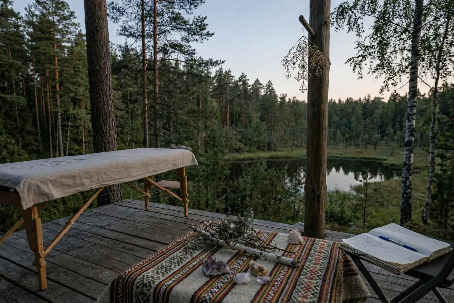 Outdoor Therapy by Titov retreat space with a massage table, crystals and a notebook by a forest lake, illustrating a calm setting for sessions and shared etiquette.